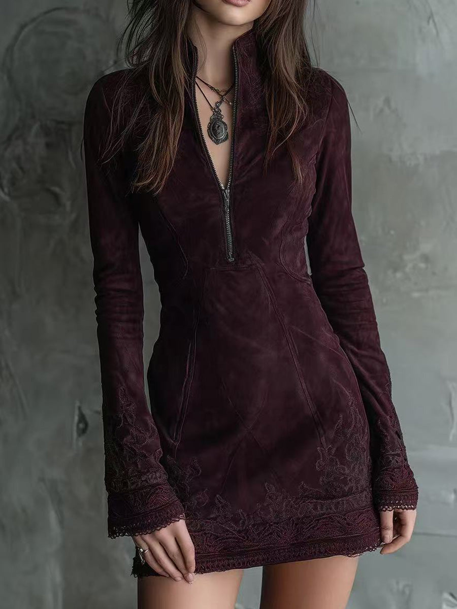 Retro Western Boho Art V-Neck Vintage Suede Velvet Lace Patchwork Long Sleeve Midi Dress