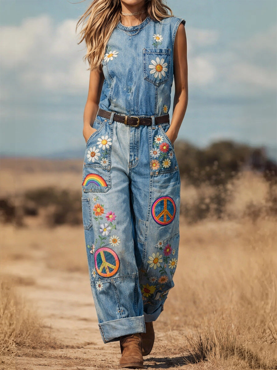 Women's Retro Floral Color-Blocked Art Print Round Neck Denim Patchwork Jumpsuit