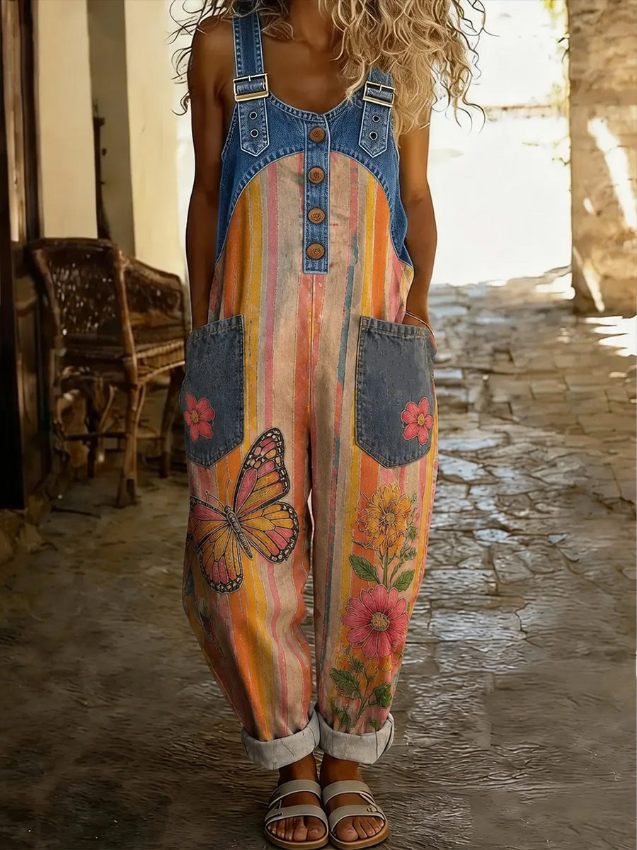 Women's Retro Style Print Washed Cotton Denim Patchwork Jumpsuit