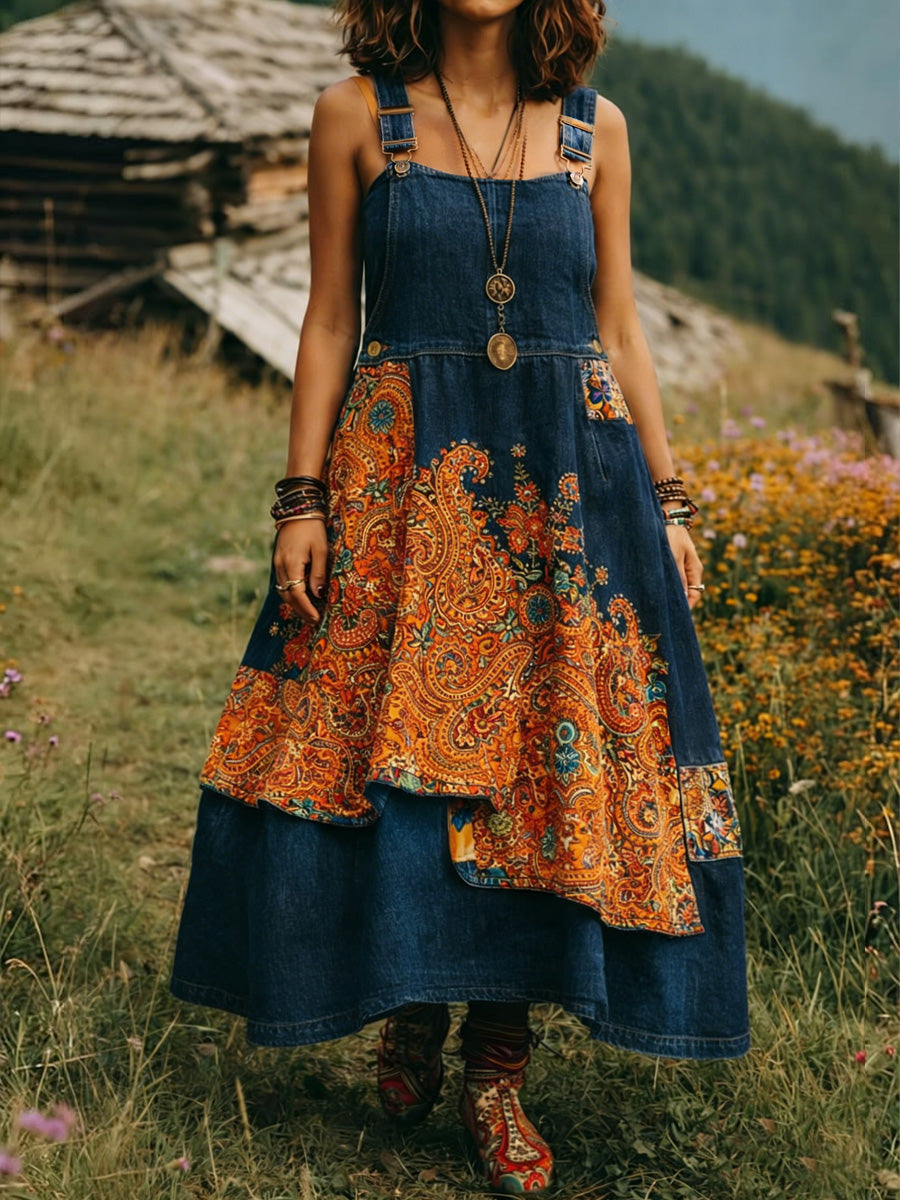 Women's Retro Floral Color-Blocked Art Print Washed Denim Workwear Shoulder Strap Dress