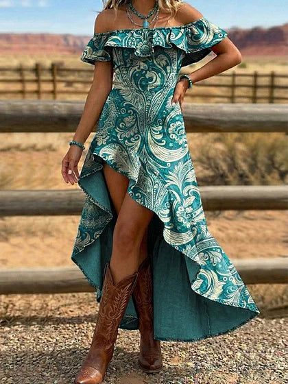 Vintage Floral Print Off Shoulder Ruffle Dress