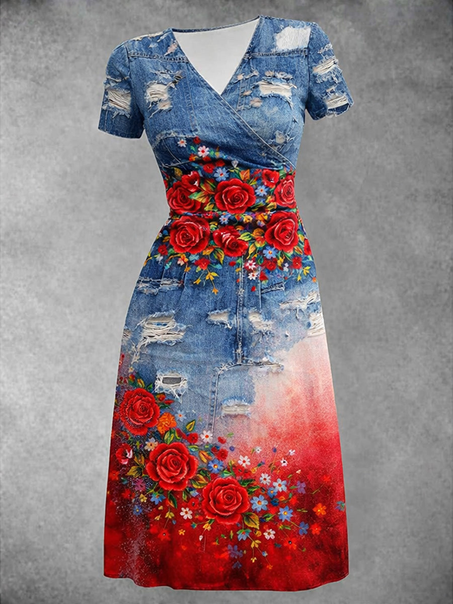 Retro Denim Rose Art Printed Vintage V-Neck Pleated Waist Short Sleeve Midi Dress