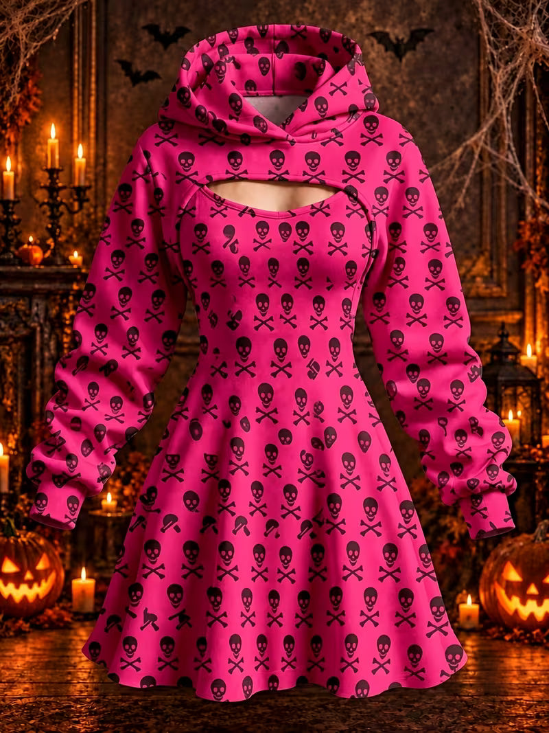Women's Gothic Art Print Long Sleeve Hooded Shrug Cami A-Line Dress Two Piece Sets