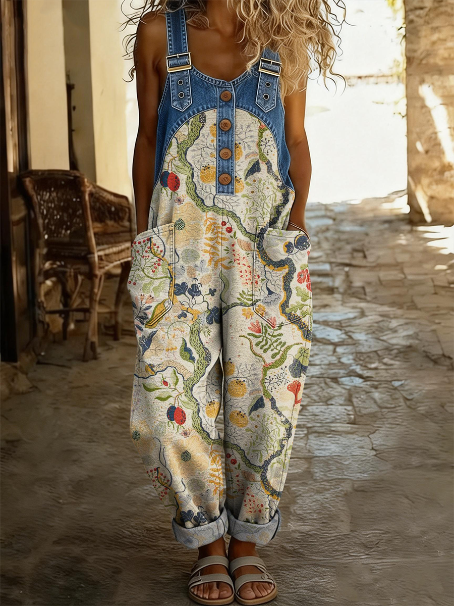 Women's Retro Floral Art Print Casual Denim Patchwork Jumpsuit