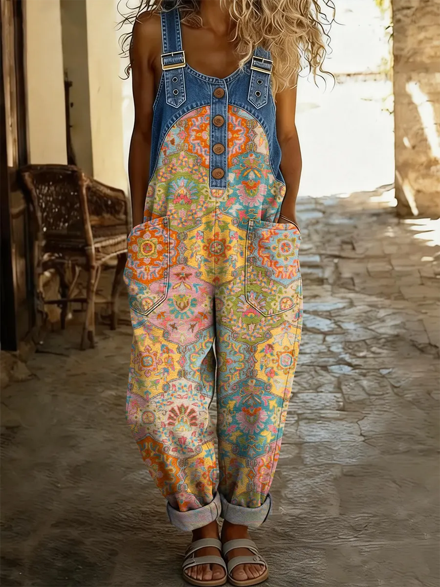 Ethnicity Totem Geometry Women's Casual Washed Cotton Denim Patchwork Jumpsuit