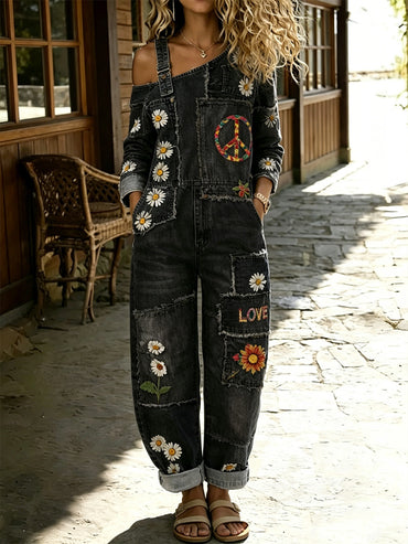 Women's Retro Floral Color-Blocked Art Print Washed Cotton Denim Patchwork Jumpsuit