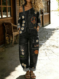 Women's Retro Floral Color-Blocked Art Print Washed Cotton Denim Patchwork Jumpsuit