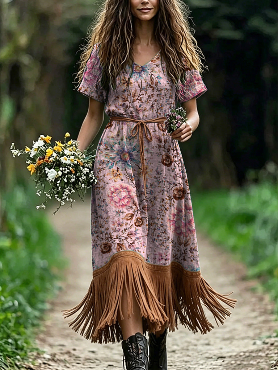 Women's Retro Floral Art Print Casual Vintage V-Neck Short-Sleeve Tassel Dress