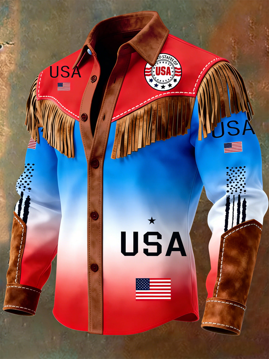 Men's USA Flag Art Western Style Print Vintage Tassel Casual Long Sleeve Shirt