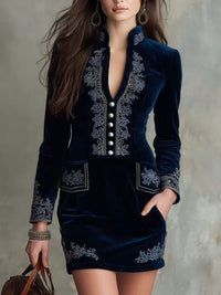 Retro Western Boho Art V-Neck Vintage Velvet Embroidery Long Sleeve Midi Dress