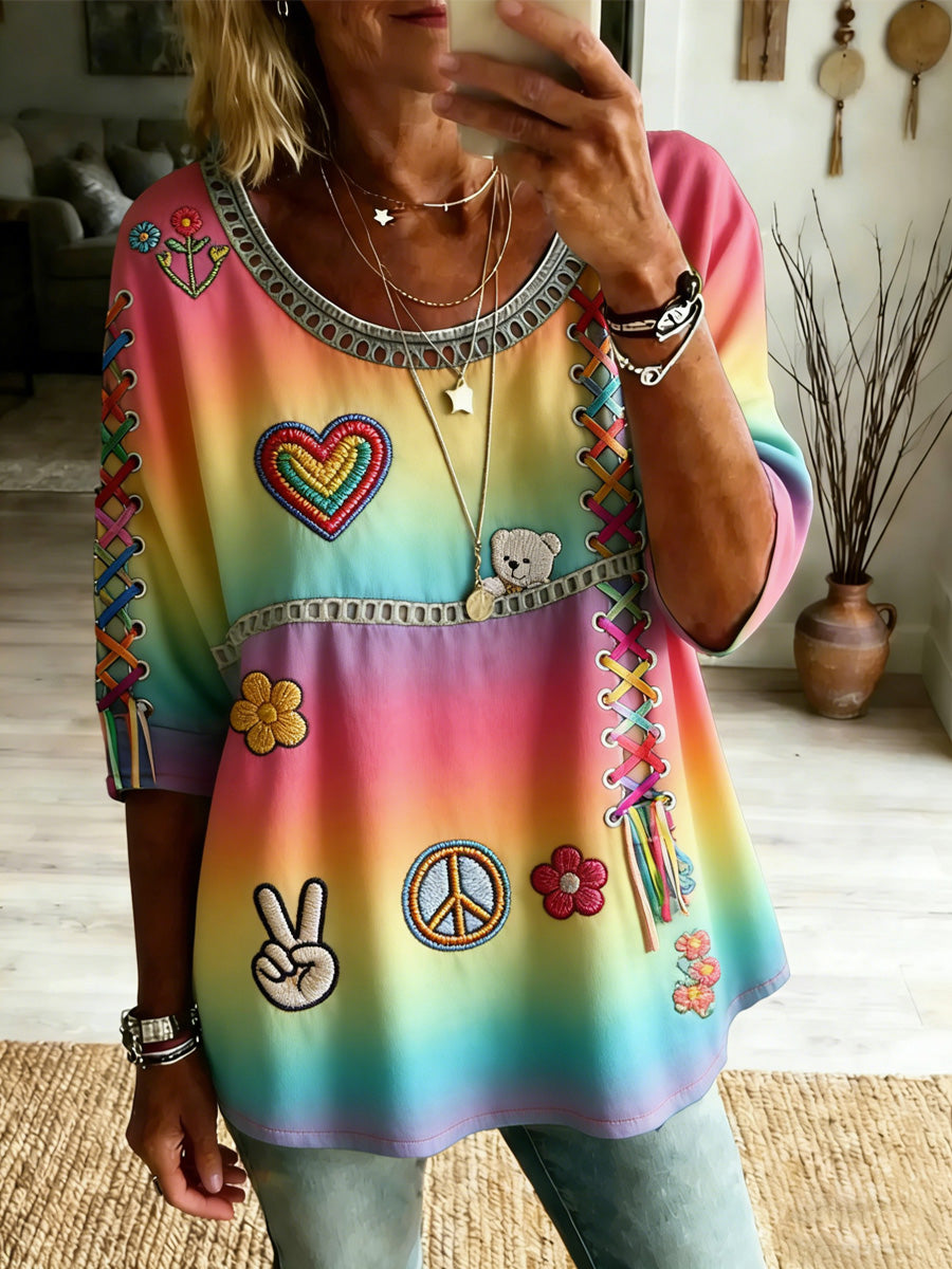 Women's Retro Peace Love Casual Style Print Vintage Half Sleeves Shirt