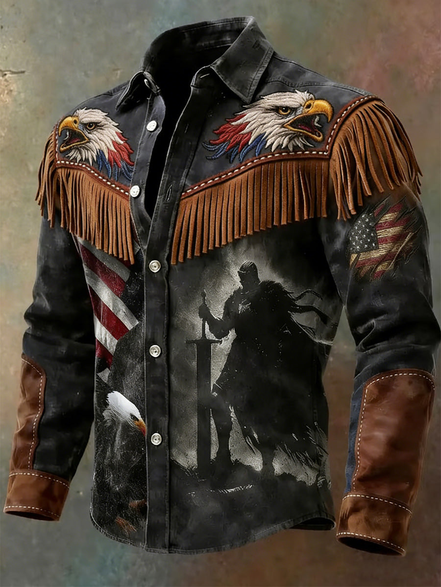 Men's USA Flag Art Western Style Print Vintage Tassel Casual Long Sleeve Shirt