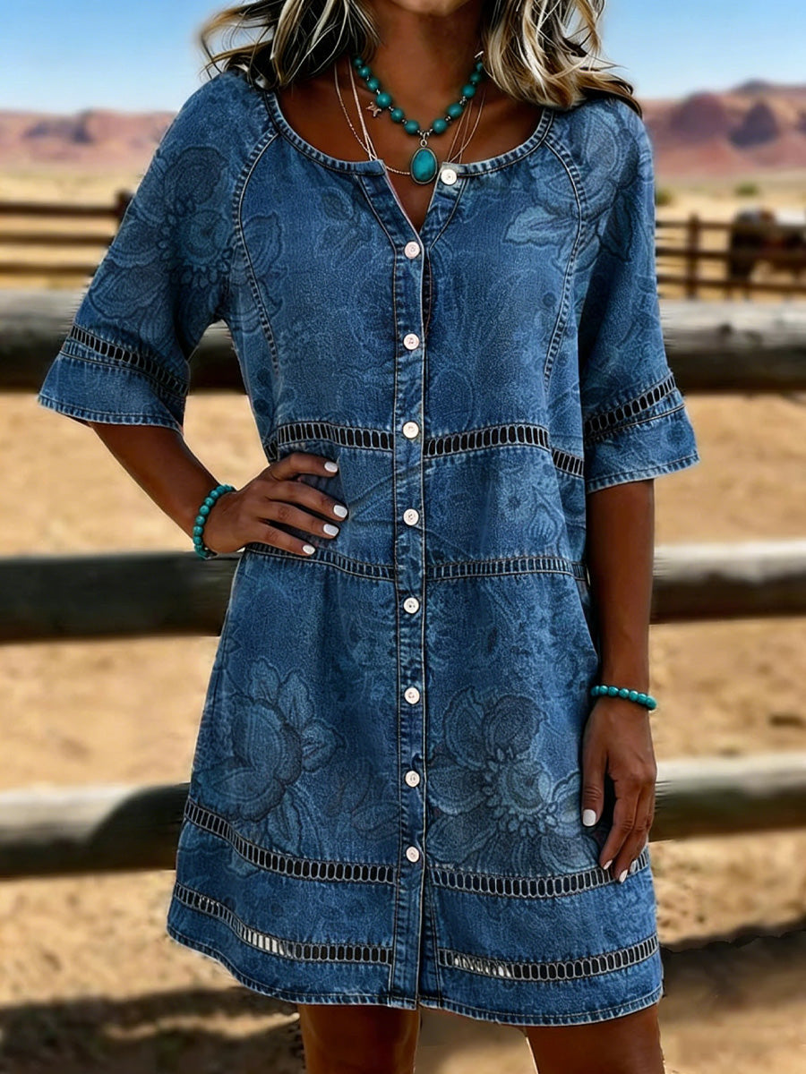 Retro Paisley Flowers Art Vintage Print Casual Hollow-Out Denim Dress