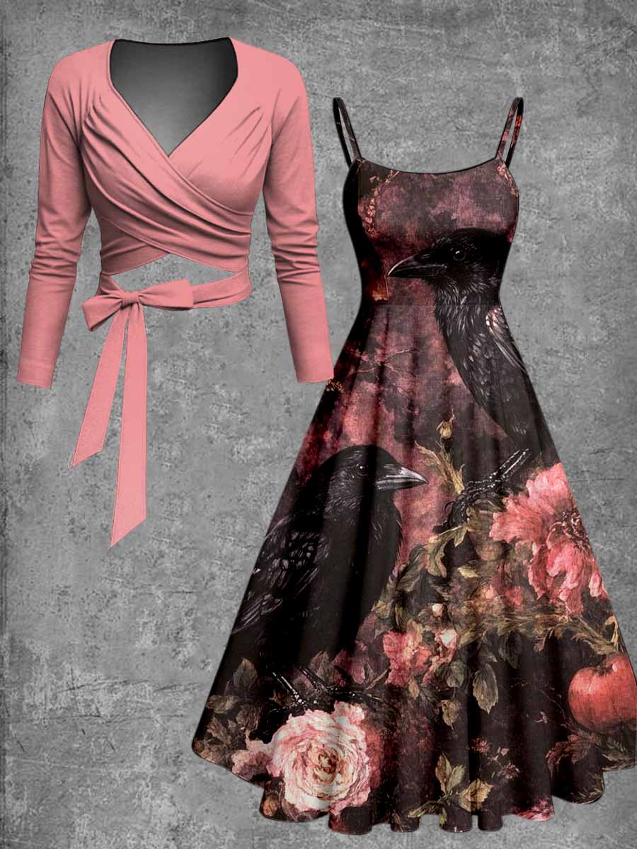 Retro Gothic Floral Art Printed Vintage Unique Slim Fit Cross Wrap Long Sleeve Two-Piece Midi Dress