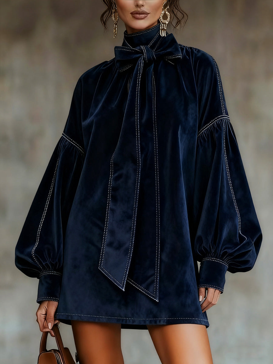 Vintage Velvet Elegant Bow Lantern Sleeves Midi Dress
