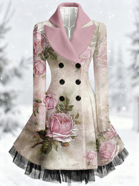 Retro Artistic Floral Print Vintage Elegance Lapel Button Up Long Sleeve Coat Dress