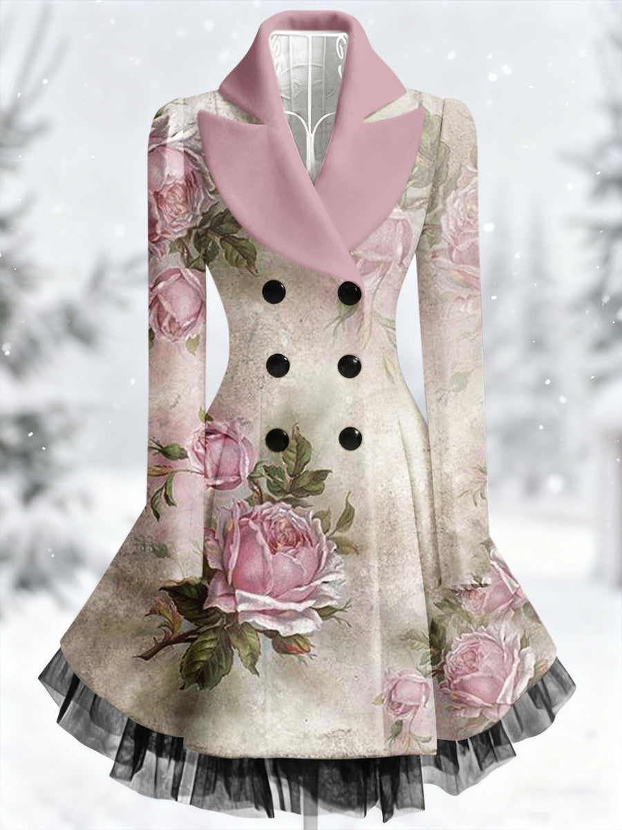 Retro Artistic Floral Print Vintage Elegance Lapel Button Up Long Sleeve Coat Dress