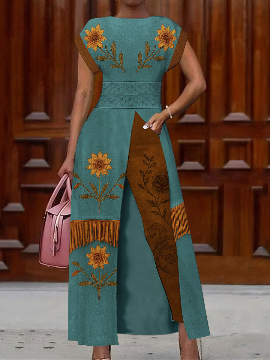 Retro Boho Floral Art Print Vintage Long Split Shirts Dress Skinny Pants Two-Piece Set