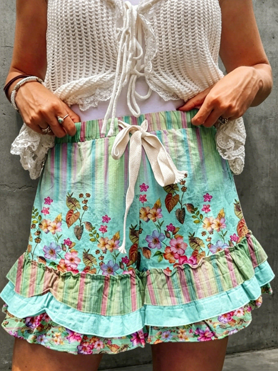 Women's Retro Floral Color-Blocked Art Print Casual Multi-Layer Ruffle Shorts