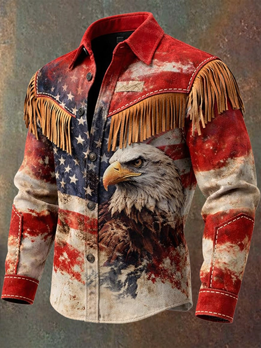 Men's Retro U.S 250 American Eagle Print Western Vintage Tassel Casual Long Sleeve Shirt