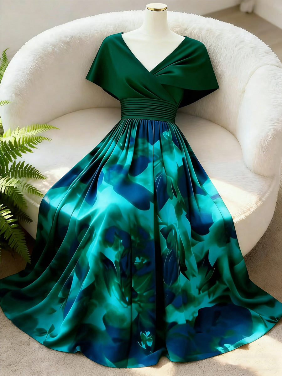 Retro Floral Art Printed Elegant V-Neck Vintage Batwing Short Sleeve Maxi Dress