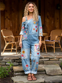 Women's Retro Floral Color-Blocked Art Print Washed Cotton Denim Patchwork Jumpsuit