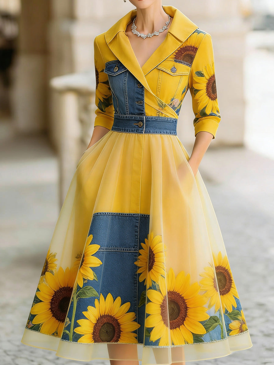 Retro Floral Art Texture Printed V-Neck Vintage Pocket-Style Long Sleeve Midi Dress