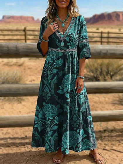 Retro Floral Art Print V-Neck Western Dress