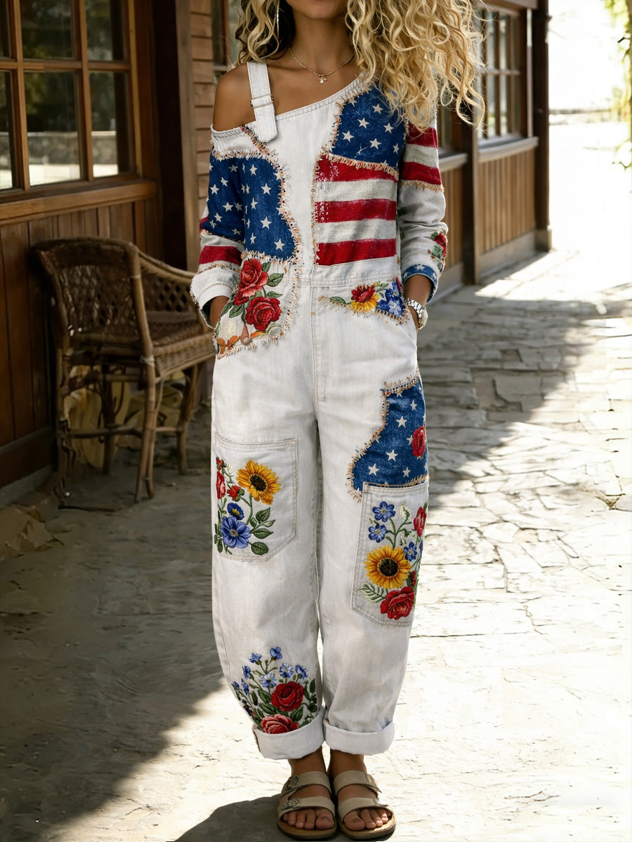 Women's Retro Floral Color-Blocked Art Print Washed Cotton Denim Patchwork Jumpsuit