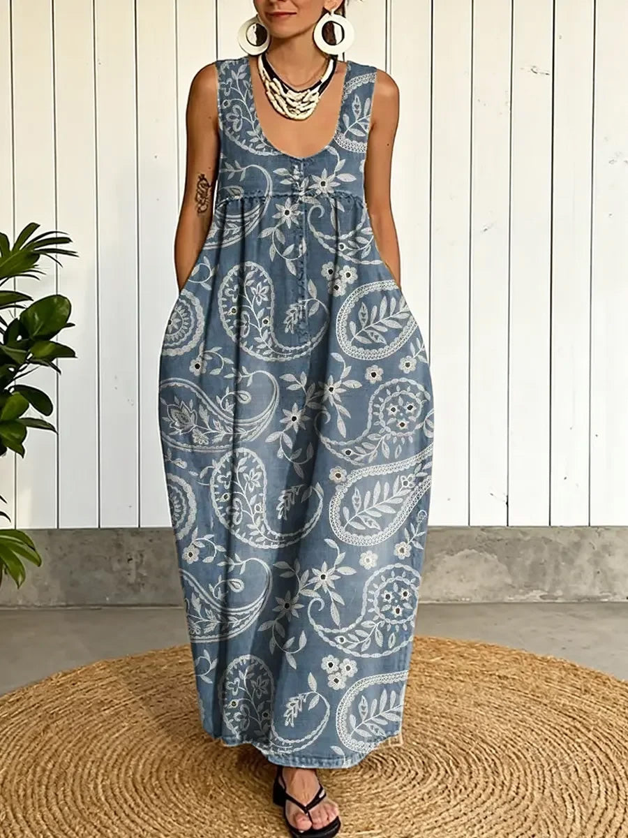 Women's Floral Art Print Washed Cotton Patchwork Pocket Shoulder Strap Dress