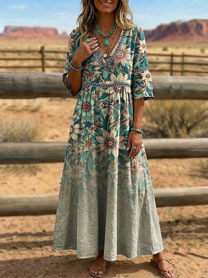 Retro Floral Art Print V-Neck Western Dress