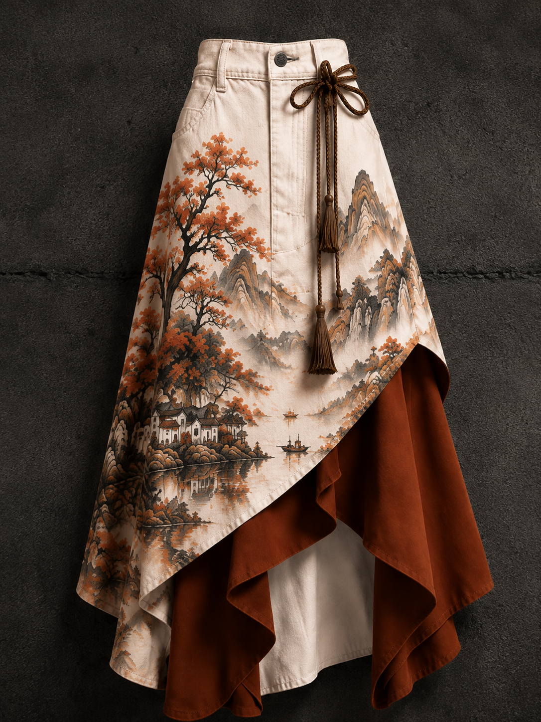 Women's Retro Style Art Print Irregularly Layered Stitched Skirt