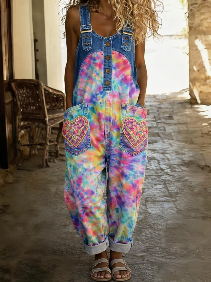 Women's Floral Art Print Washed Cotton Denim Patchwork Jumpsuit