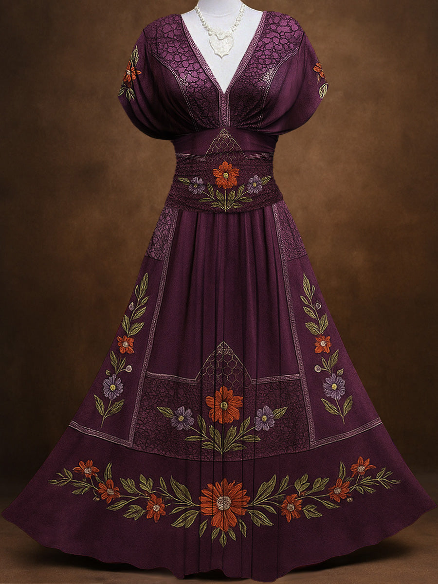 Retro Suede Floral Carved Art Printed Elegant V-Neck Vintage Batwing Short Sleeve Maxi Dress