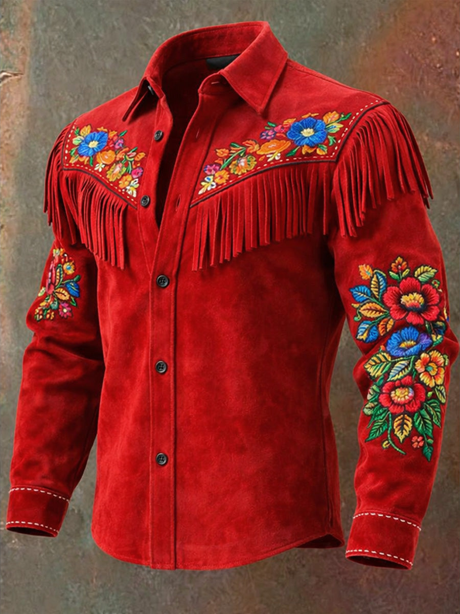 Men's Retro Mexican Art Print Western Vintage Tassel Casual Long Sleeve Shirt