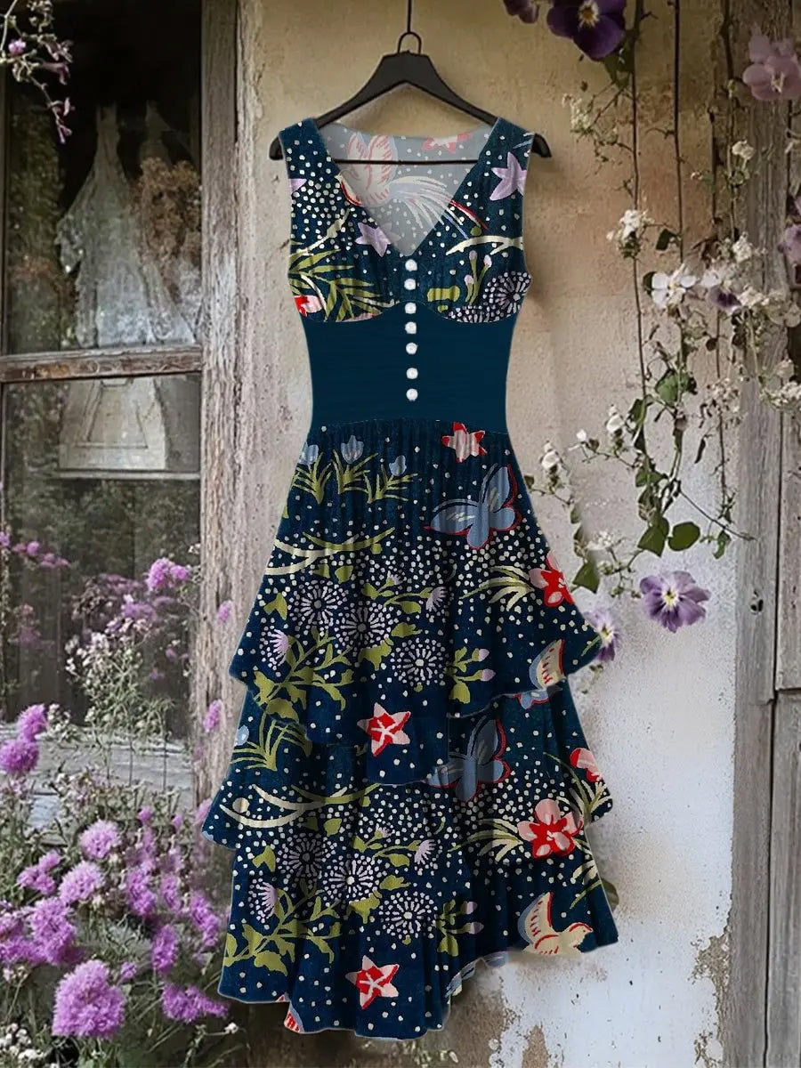 Retro Floral Art Print Vintage V-Neck Button Up Midi Dress