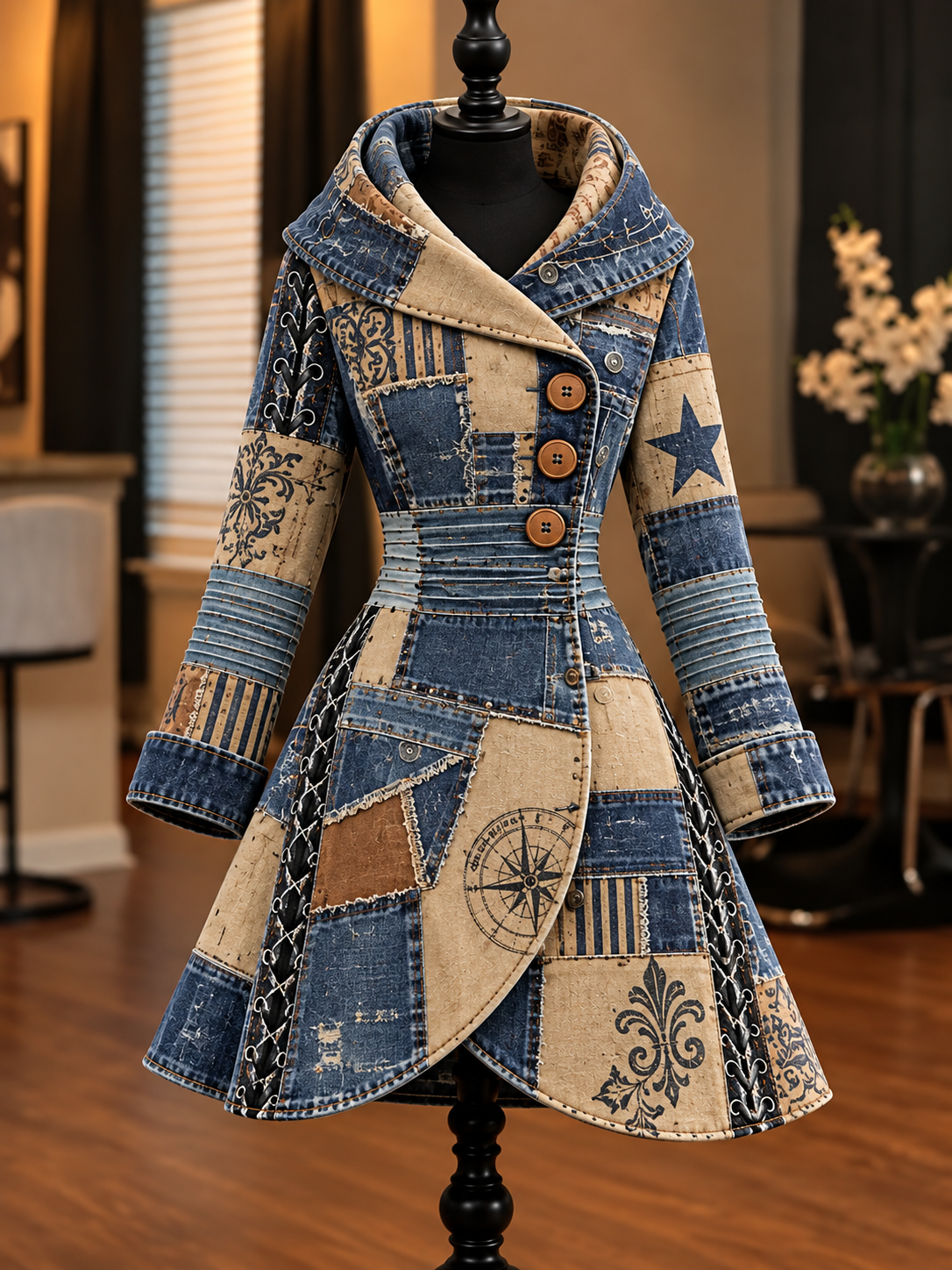 Women's Vintage Colorblock Asymmetrical Flared Coat