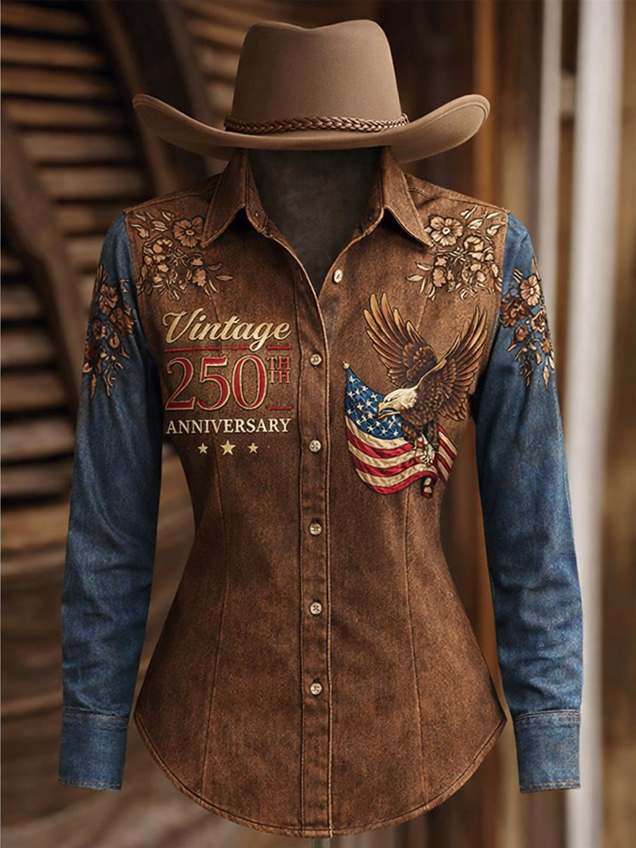 Women's Retro Casual American 250th Anniversary Print Vintage Long Sleeves Shirt