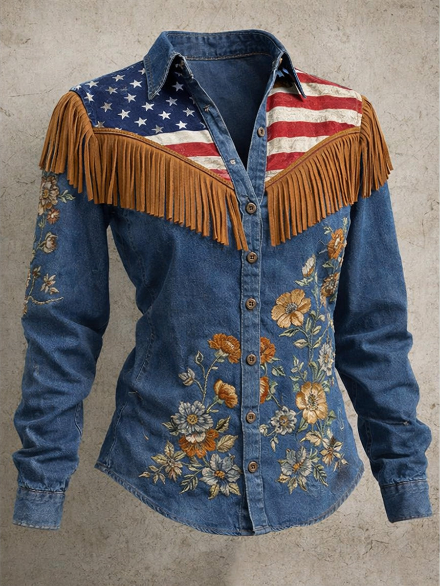 Women's Retro Casual American 250th Anniversary Print Vintage Tassel Long Sleeves Shirt