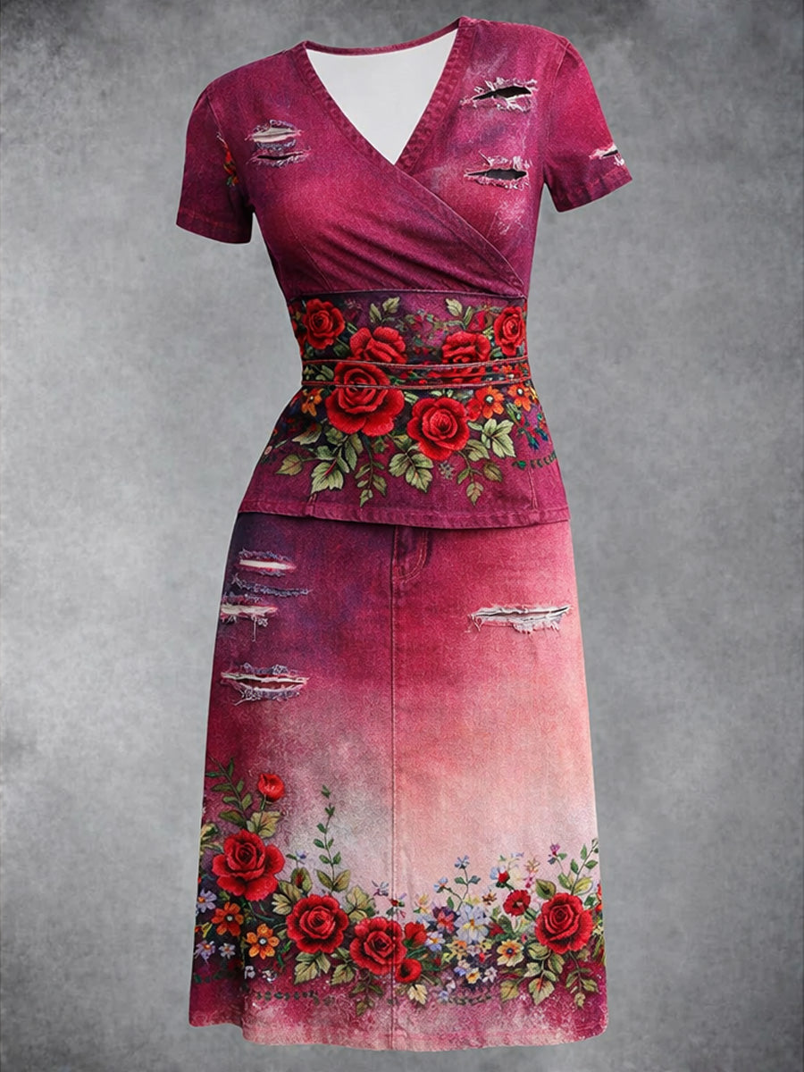Retro Denim Rose Art Printed Vintage V-Neck Pleated Waist Short Sleeve Midi Dress