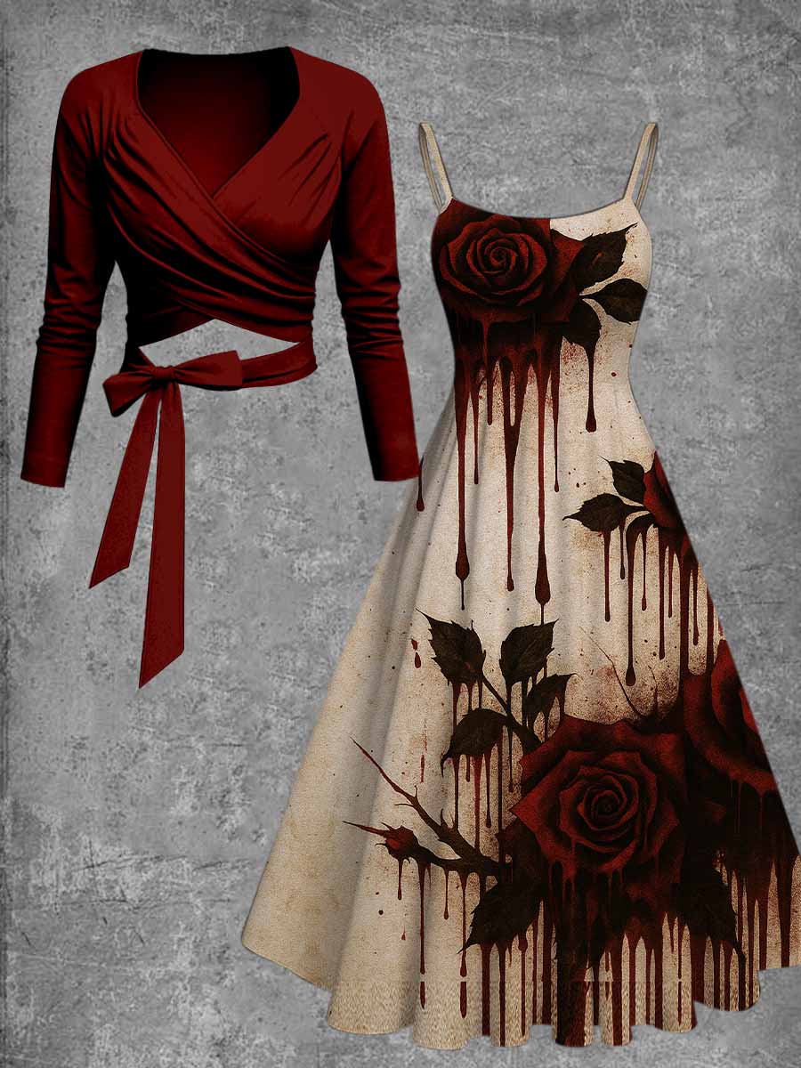 Retro Gothic Floral Art Printed Vintage Unique Slim Fit Cross Wrap Long Sleeve Two-Piece Midi Dress
