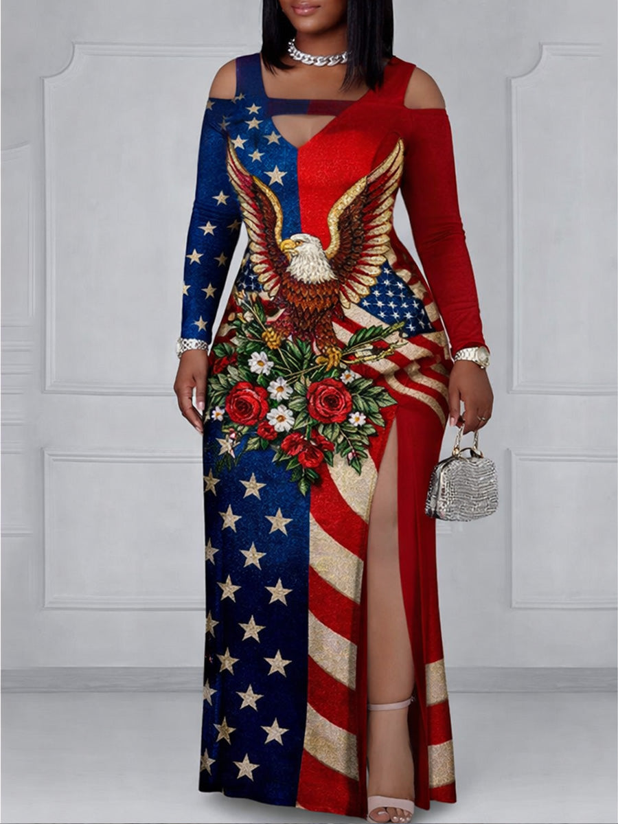 Retro 250th Anniversary Floral Art Printed Vintage Off Shoulder Style Slit Maxi Dress