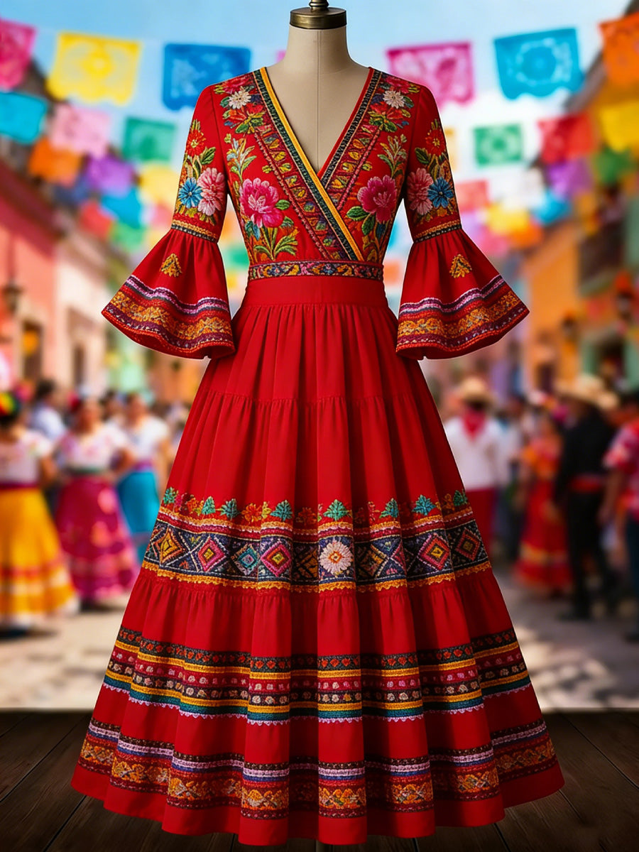 Retro Mexico Floral Art Printed V-Neck Vintage Pleated Waist Flare Sleeve Midi Dress