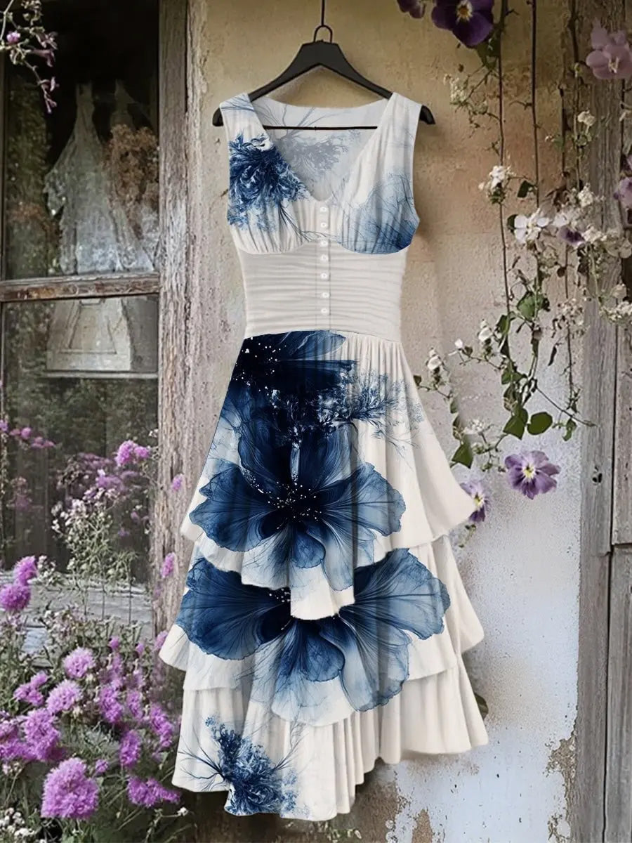 Retro Floral Art Print Vintage V-Neck Button Up Midi Dress