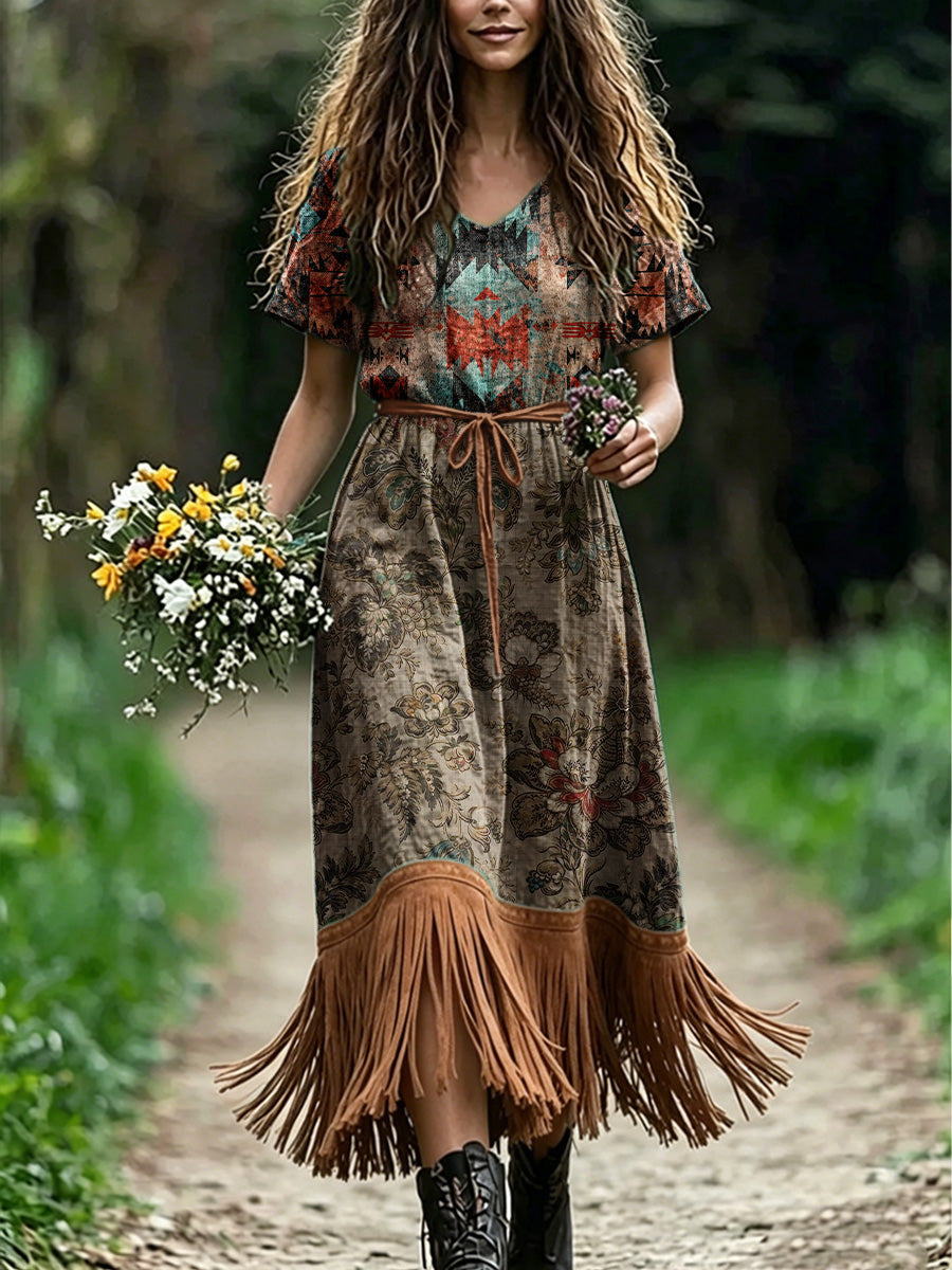 Women's Retro Floral Art Print Casual Vintage V-Neck Short-Sleeve Tassel Dress