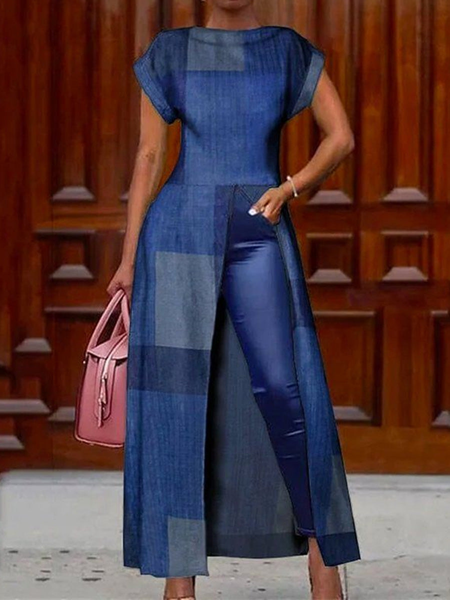 Retro Denim Art Print Vintage Long Split Shirts Dress Skinny Pants Two-Piece Set