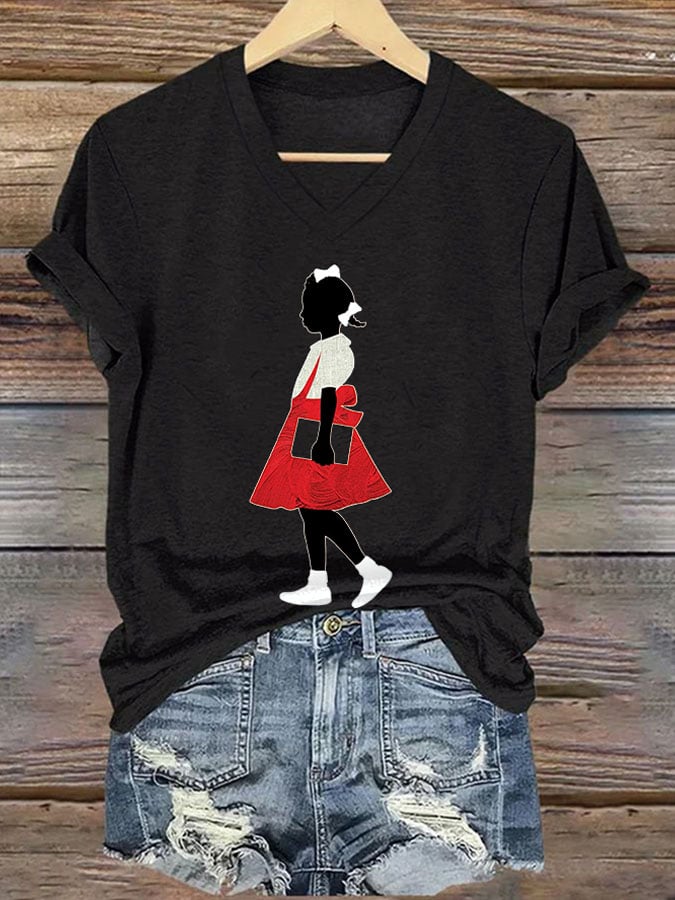 Women's  Black Girl In Red Dress Art Print Cotton Long Sleeve T-Shirt