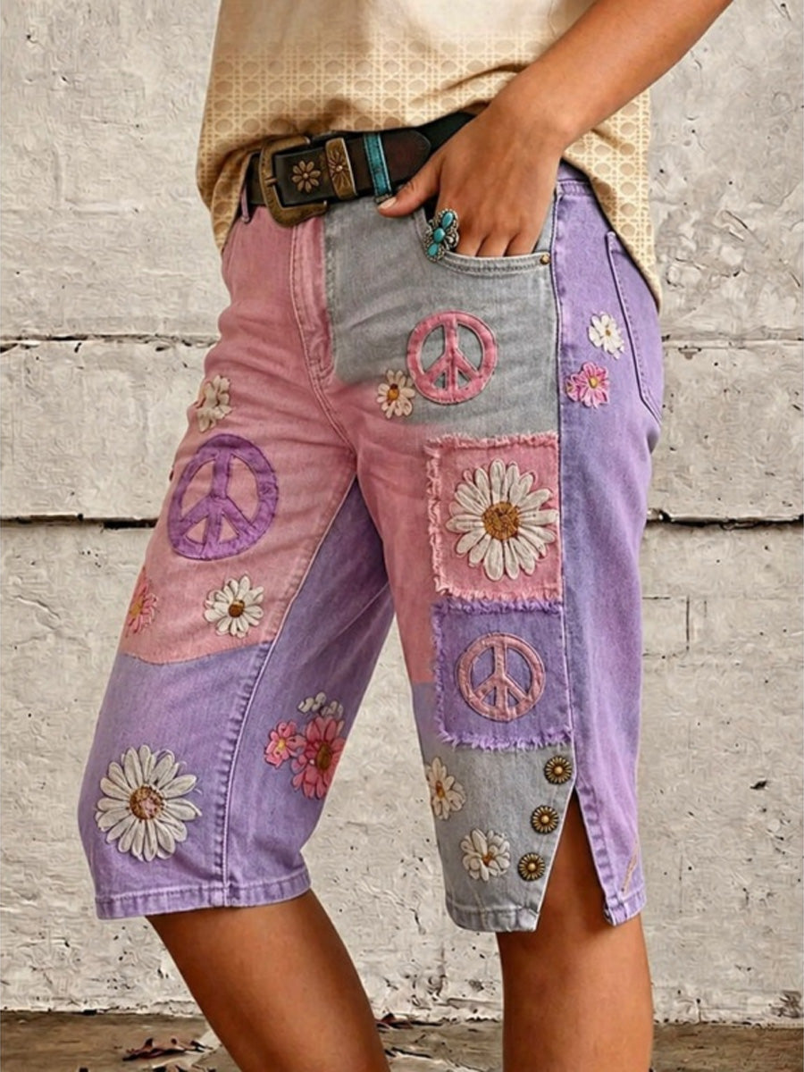 Retro Style Floral Print Vintage Casual Denim Shorts