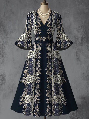 Retro Floral Art Printed V-Neck Vintage Chic Pleated Waist Flare Sleeve Midi Dress