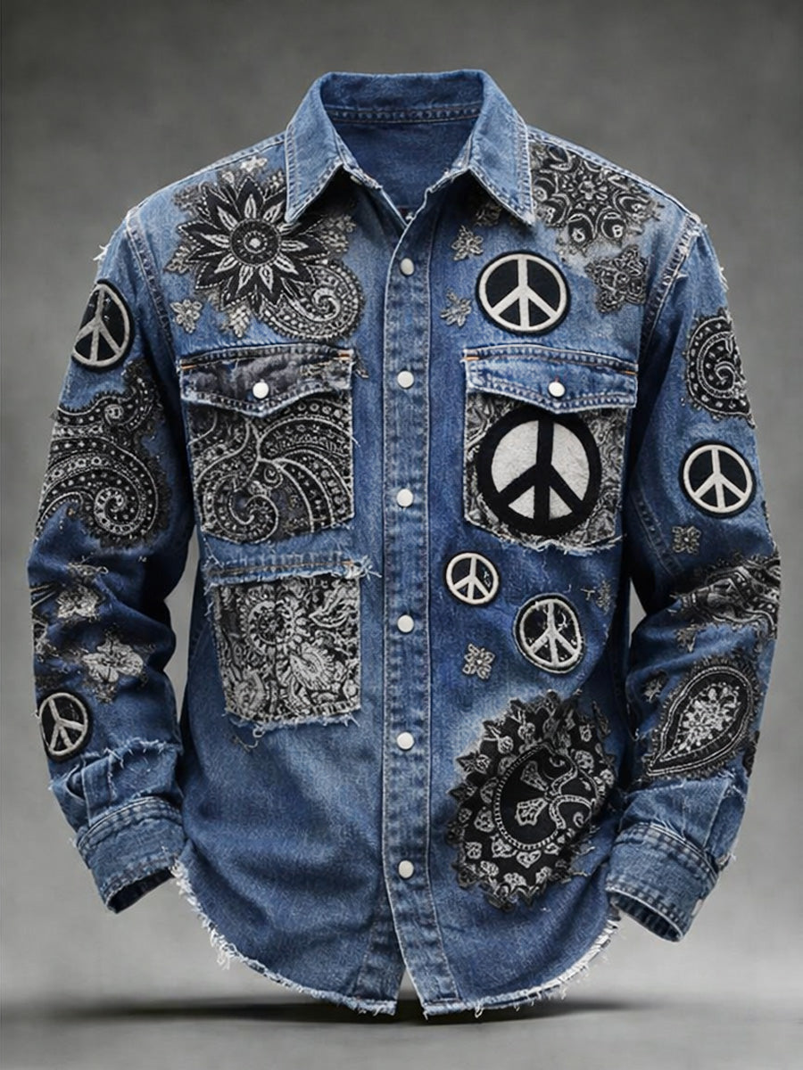 Men's Hippie Art Print Cotton Vintage Casual Cotton Long Sleeve Shirt